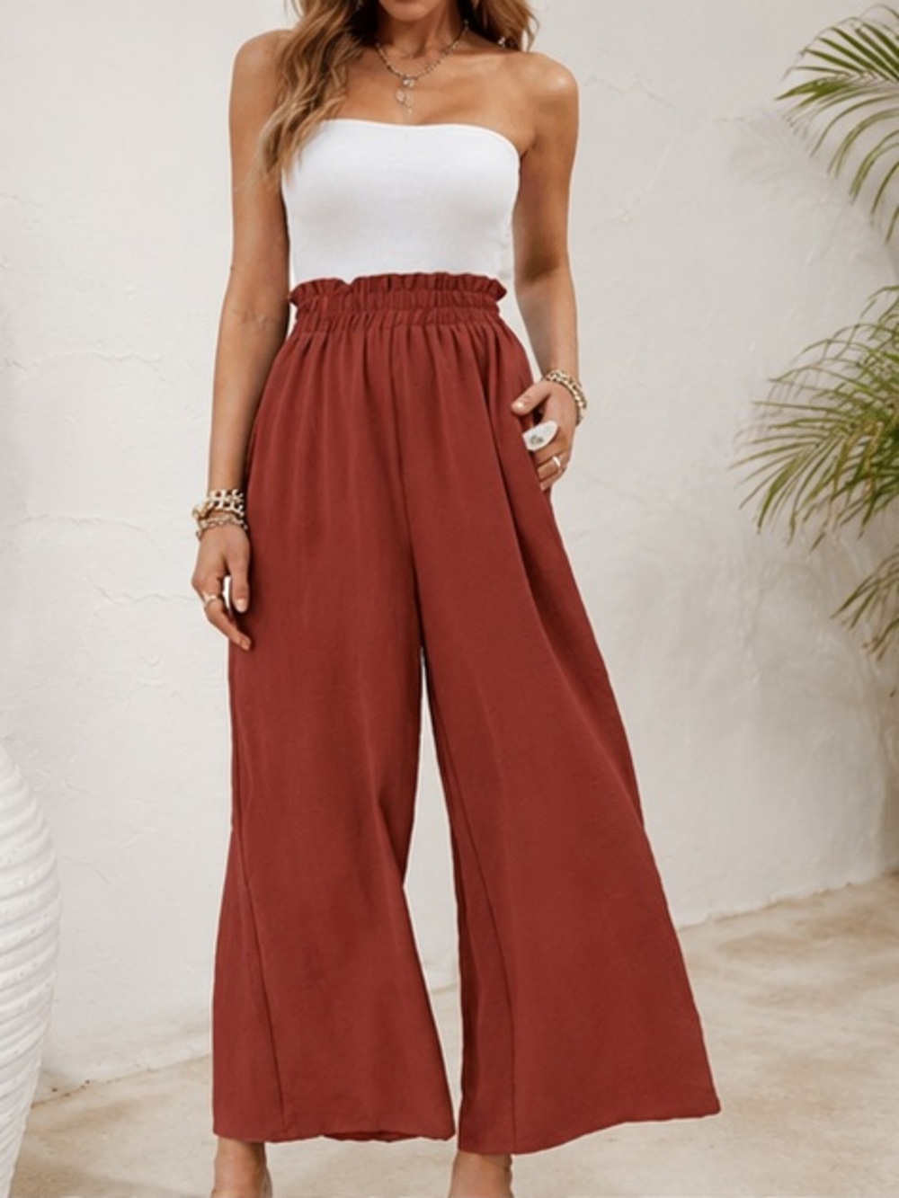 Rust High Waisted Wide Leg Flowy Pants